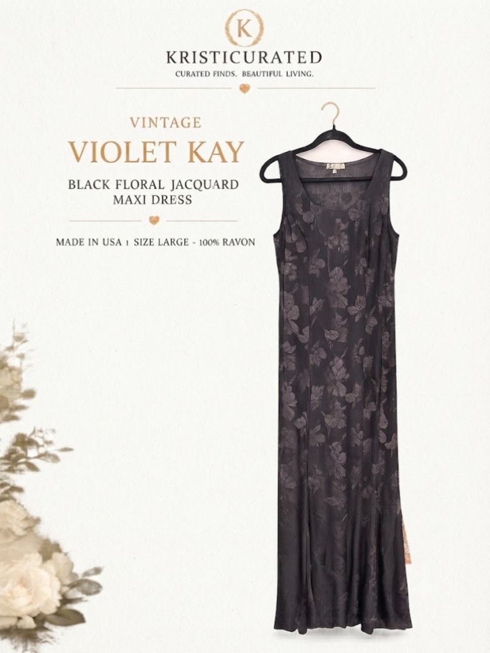 Vintage Violet Kay Black Floral Jacquard Maxi Dress USA Rayon L Whimsigoth